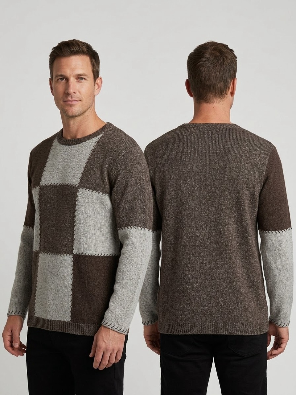 Vintage Teddi Patchwork Knit Crewneck Sweater Brown Grey Block Stitch Size M